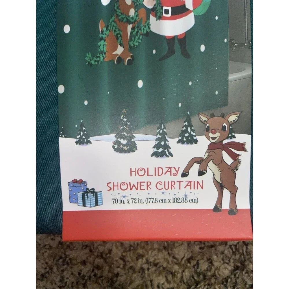 Rudolph The Red Nosed Reindeer Christmas Fabric Shower Curtain 70”x72” Santa NEW